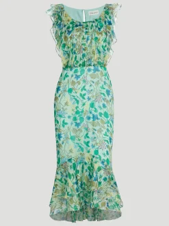 Aisha Ruffled Floral Silk Midi-Dress