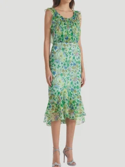 Aisha Ruffled Floral Silk Midi-Dress