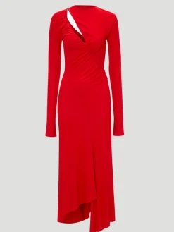 Asymmetric Slash Jersey Midi Dress in Crimson