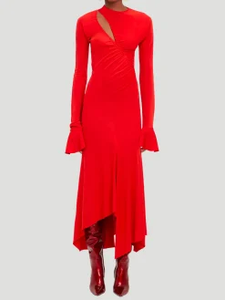 Asymmetric Slash Jersey Midi Dress in Crimson