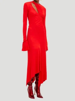 Asymmetric Slash Jersey Midi Dress in Crimson