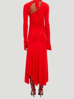 Asymmetric Slash Jersey Midi Dress in Crimson