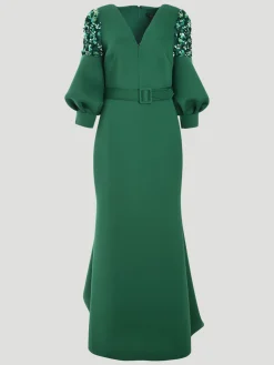 Beaded Full Sleeve Gown in Emerald