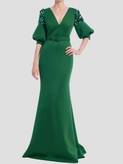 Beaded Full Sleeve Gown in Emerald