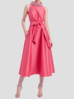 Beaded Halter Full Skirt Dress in Rose