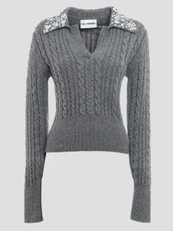 Cable-Knit Wool-Blend Polo Sweater with Crystal Embellishments