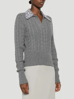 Cable-Knit Wool-Blend Polo Sweater with Crystal Embellishments