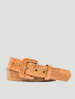 Caiman Crocodile Belt with Covered Buckle in Saddle Tan