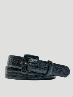 Caiman Crocodile Belt with Covered Buckle in Navy