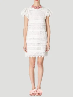 Carolina Herrera Embroidered Mini Shift Dress with Ruffle Sleeves