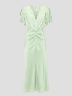 Gathered V-Neck Midi Dress in Jade