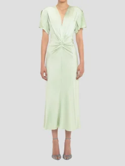 Gathered V-Neck Midi Dress in Jade