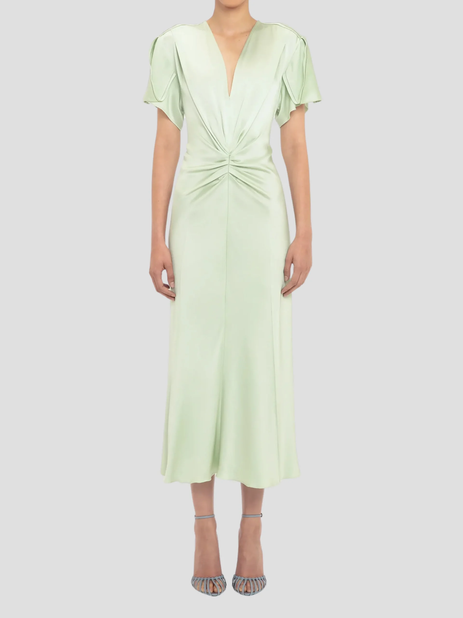 Gathered V-Neck Midi Dress in Jade