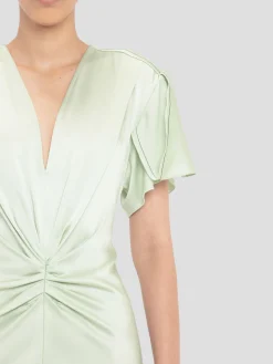 Gathered V-Neck Midi Dress in Jade