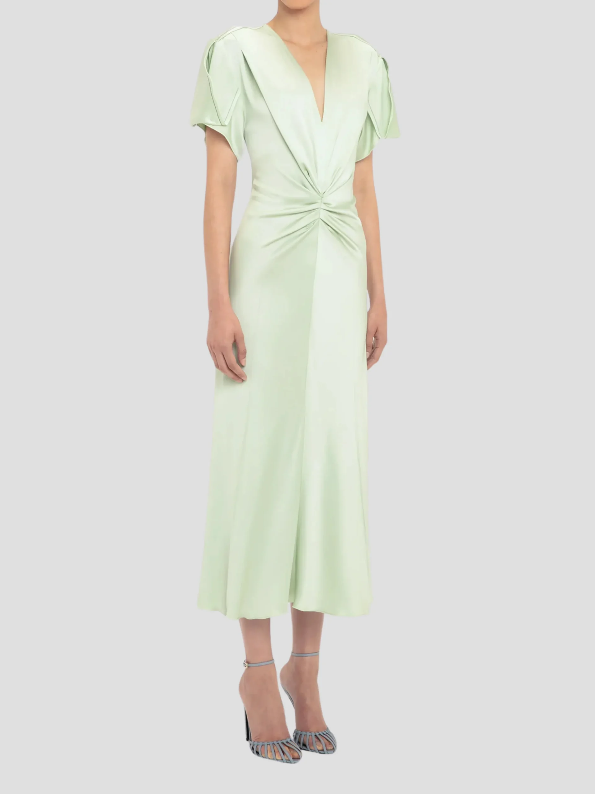 Gathered V-Neck Midi Dress in Jade