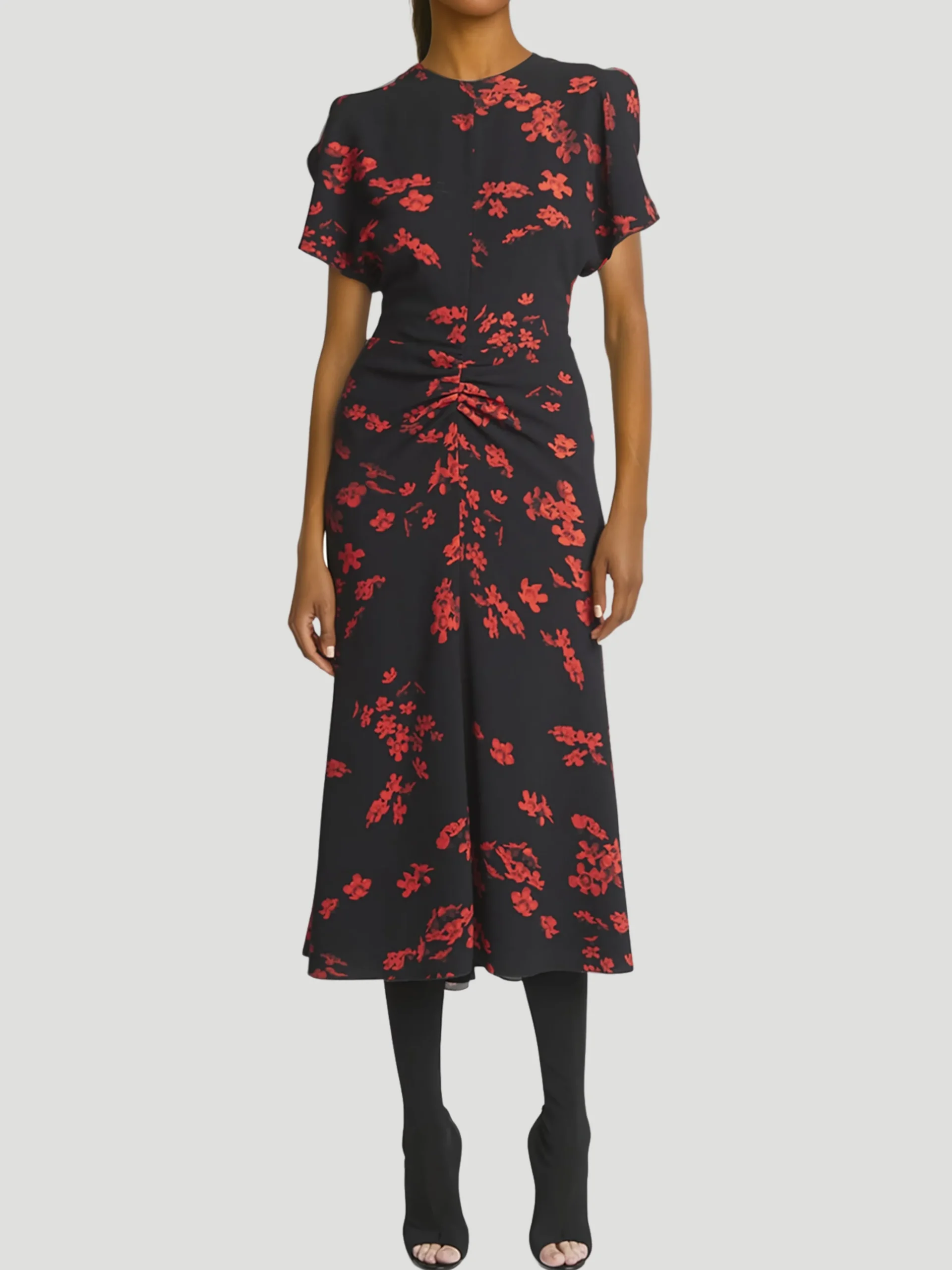 Gathered Waist Floral Midi Dress