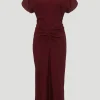 Gathered Waist Midi Dress in Port