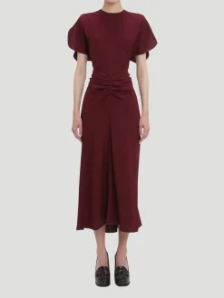 Gathered Waist Midi Dress in Port