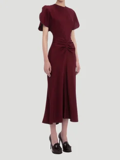 Gathered Waist Midi Dress in Port