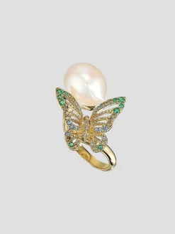 Gold Butterfuly Pearl Ring