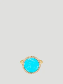 14k Yellow Gold with Turquoise Inlay & Diamond Perimeter Ring