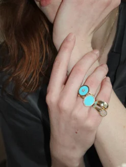 14k Yellow Gold with Turquoise Inlay & Diamond Perimeter Ring