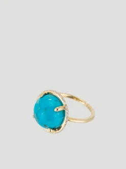 14k Yellow Gold with Turquoise Cabochon & Side Diamond Channel Ring