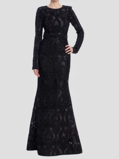 Long Sleeve Lace Column Gown
