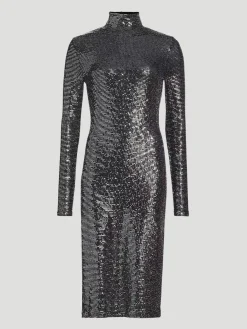 Metallic Jersey Midi Turtleneck Dress