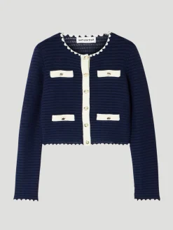 Navy Crochet Contrast-Trim Cardigan
