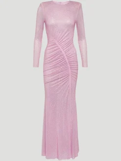 Pink Rhinestone Mesh Maxi Dress