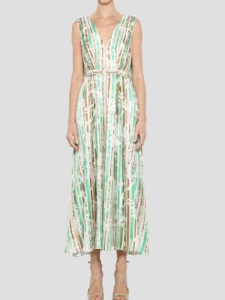 Pleat Front V-Neck Watteau Back Dress in Ecru Multi