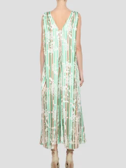 Pleat Front V-Neck Watteau Back Dress in Ecru Multi