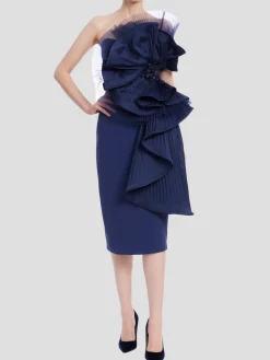 Pleated Ruffle Drape Strapless Dress in Navy