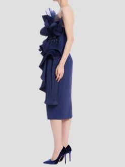 Pleated Ruffle Drape Strapless Dress in Navy