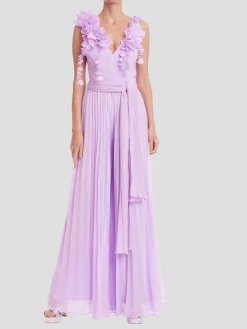 Pleated with 3D Flowers Dress