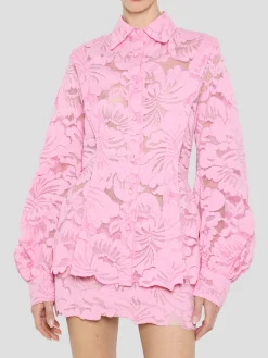 Poet Sleeve Button Down Peplum Shirt in Aurora Pink