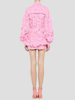 Poet Sleeve Button Down Peplum Shirt in Aurora Pink