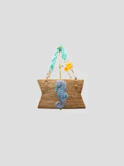 Raffia Handbag with Blue Seahorse