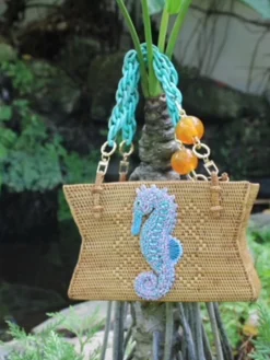 Raffia Handbag with Blue Seahorse