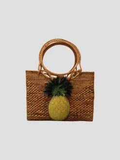 Raffia Handbag with Embroidered Pineapple