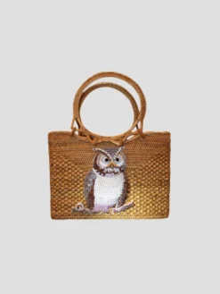 Raffia Tote with Embroidered Owl