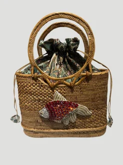 Raffia Tote with Embroidered Fish