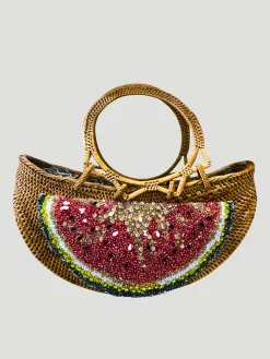 Raffia Tote with Embroidered Watermelon