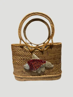 Raffia Tote with Embroidered Fish