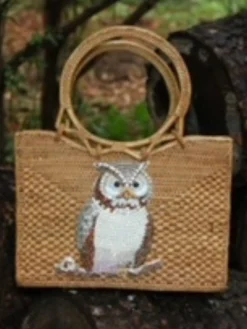 Raffia Tote with Embroidered Owl