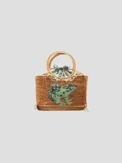 Raffia Tote with Green Bullfrog