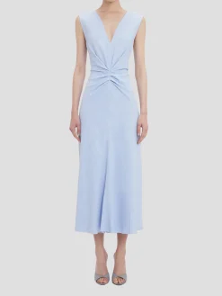 Sleeveless Gathered Waist Midi Dress in Bluebell